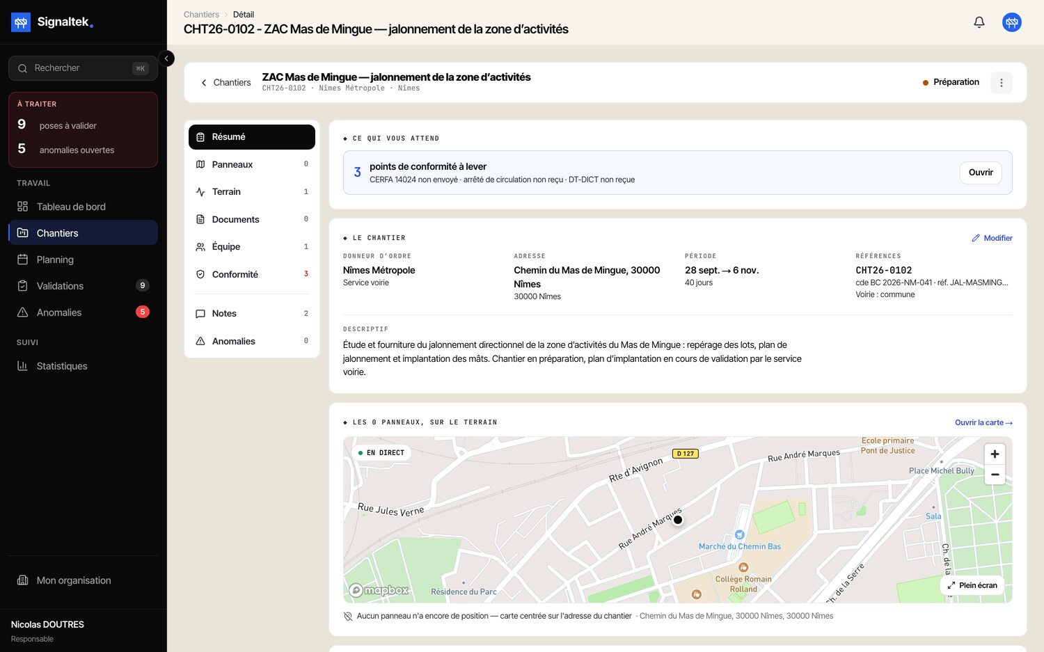 Fiche chantier en préparation dans Signaltek