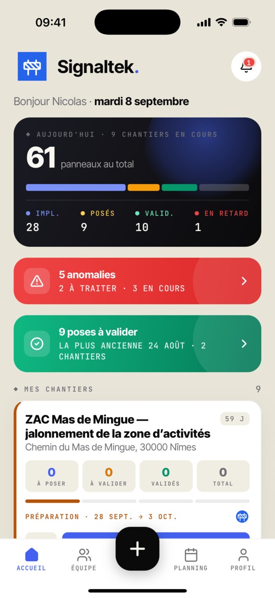 Application mobile Signaltek : les chantiers du jour et leur avancement