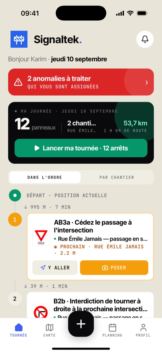 Tournée du jour d'un poseur dans l'application mobile